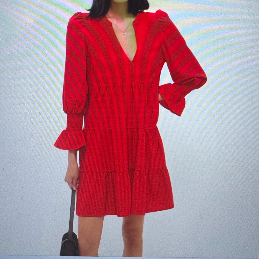 Tuckernuck Pomander Place Red Long Sleeve V-Neck Tiered Mini Dress